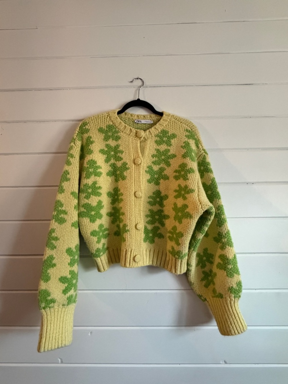 Zara Yellow Knit Cardigan with Green Floral Pattern